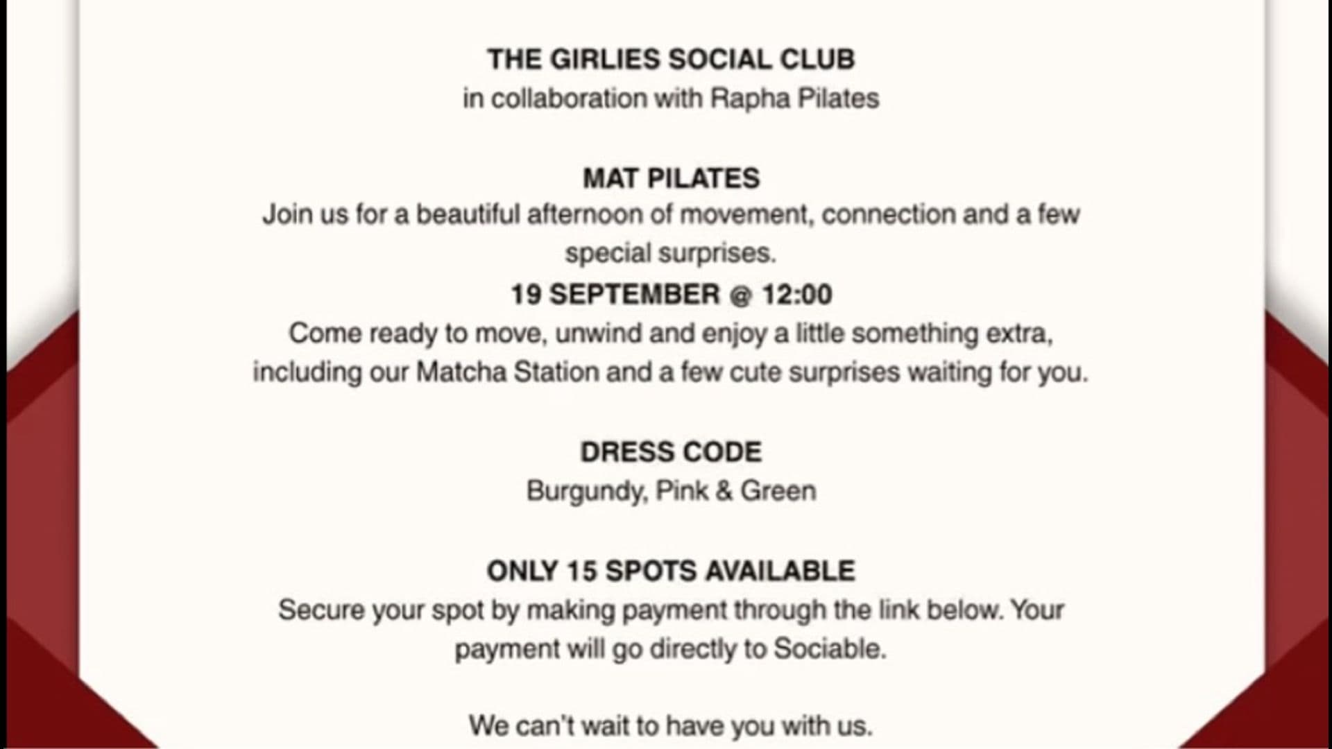 THE GIRLIES SOCIAL CLUB x PILATES | 19 Sep 12:00 - 19 Sep 14:00